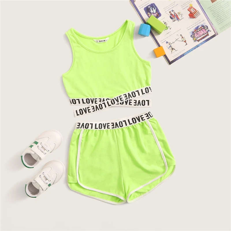 SHEIN/детский комплект одежды для девочек, топ с надписью и перекрещивающимися кромками и шорты с дельфинами, г. Летняя одежда без рукавов для активного отдыха комплект с вырезами