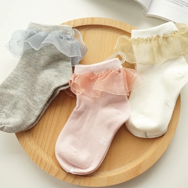 One Pairs Sweet Girls Kids Frilly Satin Lace Cotton Socks Princess Lace Bow Soft Trim Baby Toddler Short Socks High Quality
