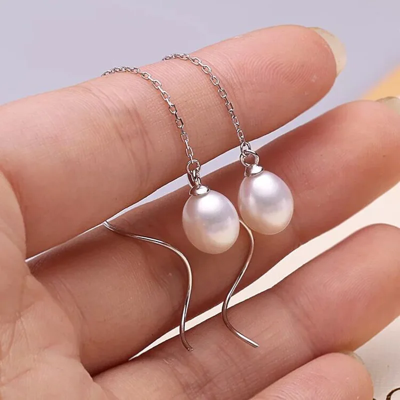 Fashion High quality Natural freshwater white Pearl Earring 925 sterling silver Long Ear line For women Girl party gift | Украшения и