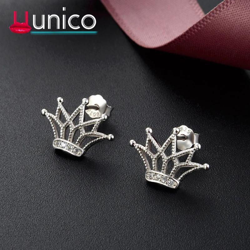 

UUNICO 2018 women's earring fashion crown s925 sterling silver zircon earrings ladies charm jewelry pendientes plata de ley