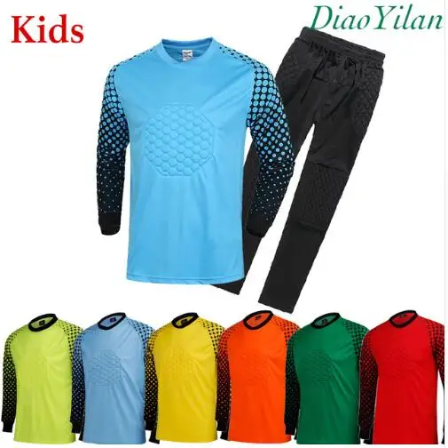

kids Soccer Goalkeeper Jersey Sponge Protector Suit Camisetas De Futbol children Goal Keeper Uniforms Long Sleeve