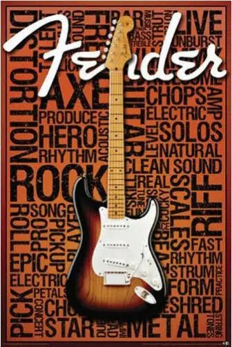 FENDER MUSIC WORDS COLLAGE STRAT Гитара шелк постер декоративная стена краска 24x36