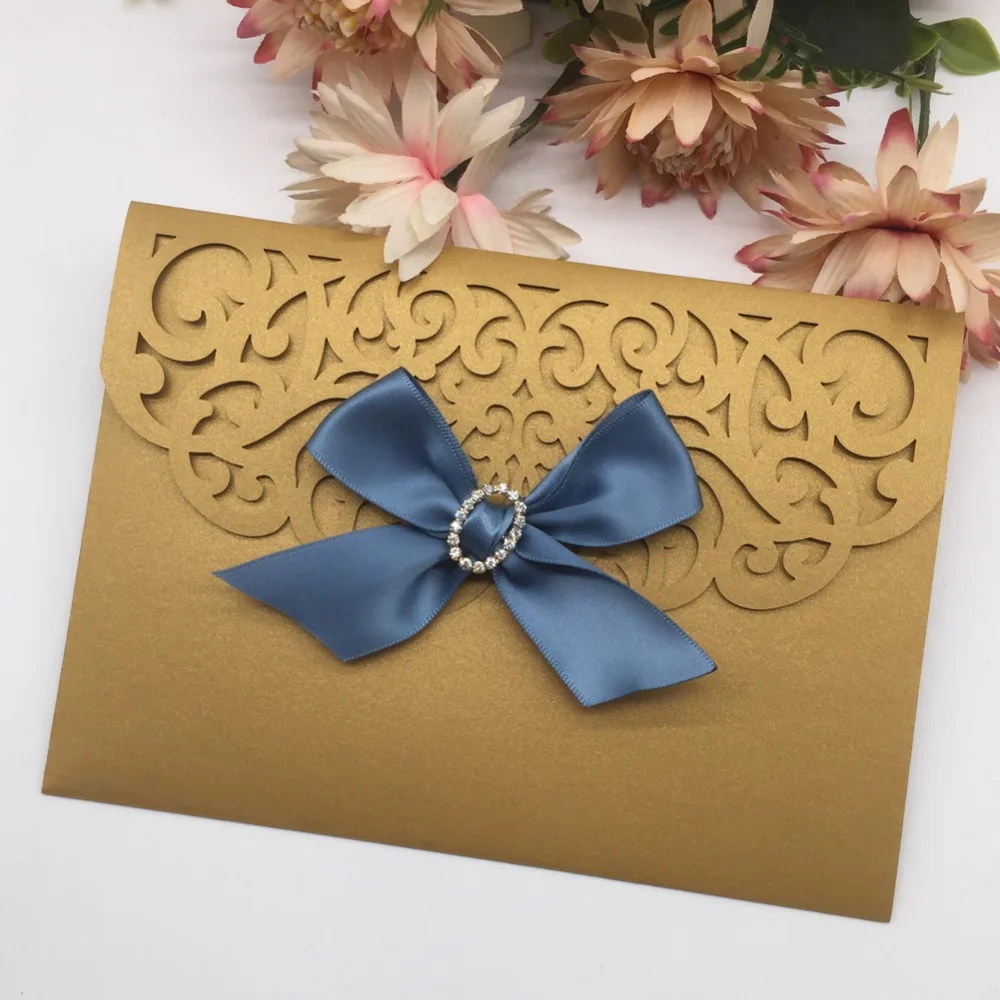

30pcs Laser Cut Tri-foldedWedding Birthday Party Invitation Card Decoration with Ribbon&buckle Shimmer Paper Craft Greeting Card