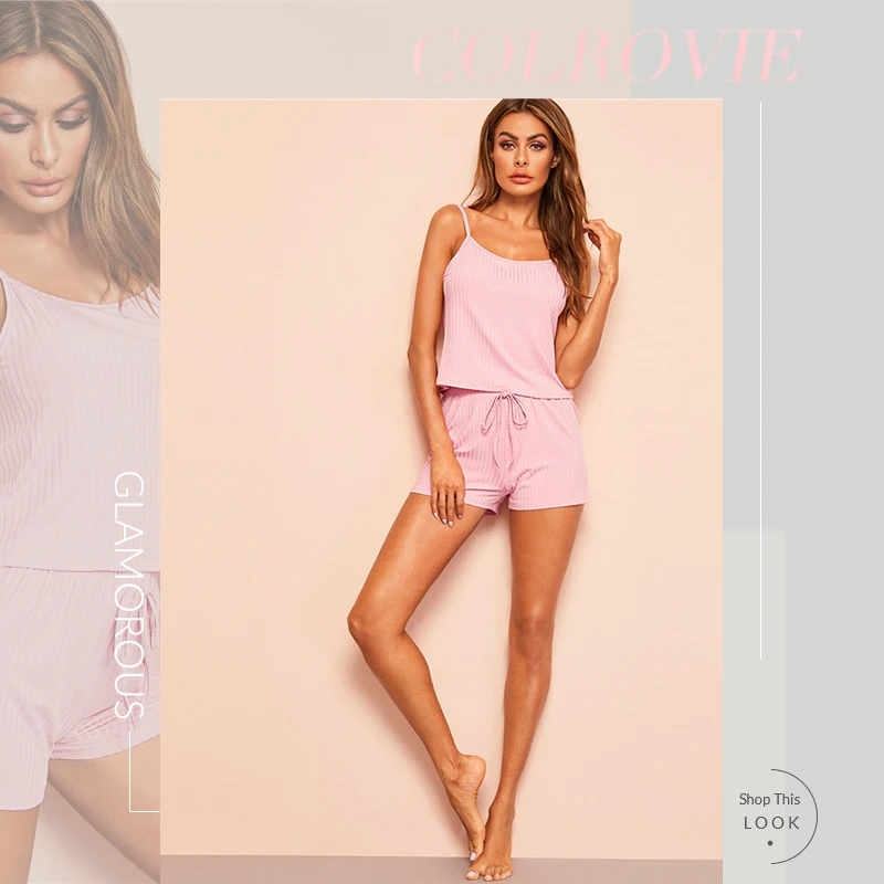 COLROVIE розовый ребристый Cami Сексуальная Cami пижама набор летний женский топ и шорты с завязками Женская одежда для сна без рукавов