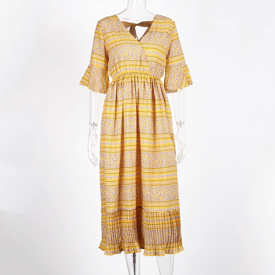 Bohemian Chiffon Dress Women Summer 2018 New Arrivals Flare Sleeve V neck Print Boho Dresses Woman Pleated Beach Long | Женская одежда