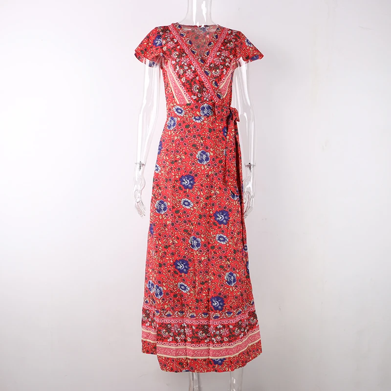 Nadafair Boho цветочное женское Макси платье с v-образным вырезом Сплит пляжное сексуальное длинное платье с поясом элегантные вечерние летние платья vestidos robe Femme