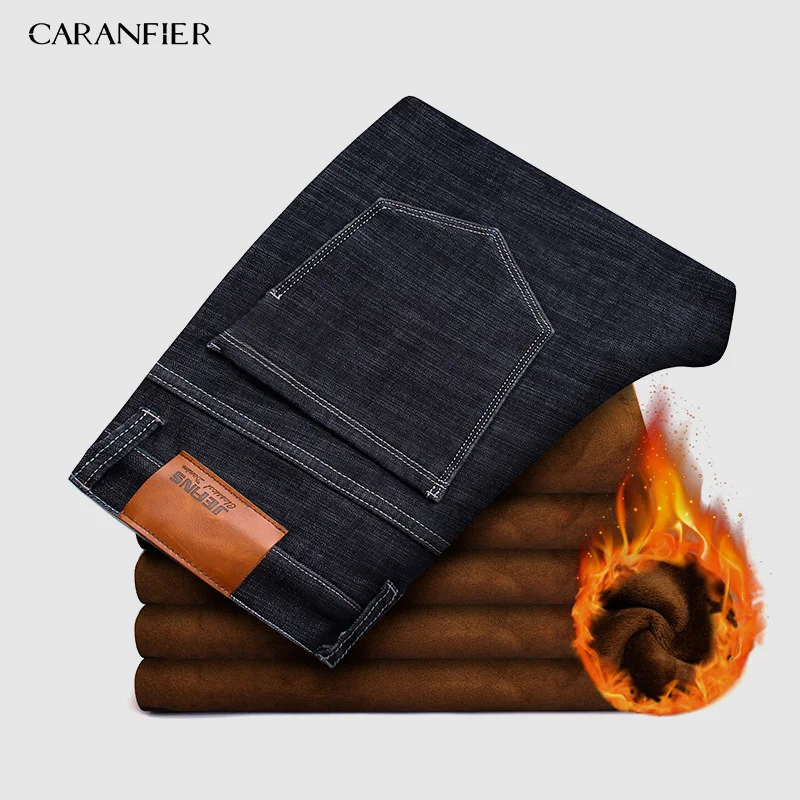 1pcs Black CARANFIER 2pcs New Men's Winter Brand Jeans Warm Slim Fit Denim Pants Male Balck Blue Thicken Trousers Jeans Big Size 44 46 - Color: 1pcs Black