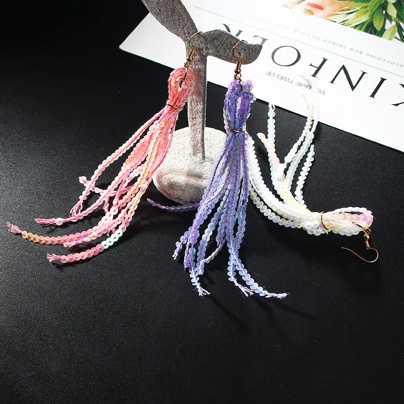 Trendy Colorful Shiny Sequins Tassel Earrings Bling Long Drop for Women Girl Party Accessories Gifts Brincos | Украшения и