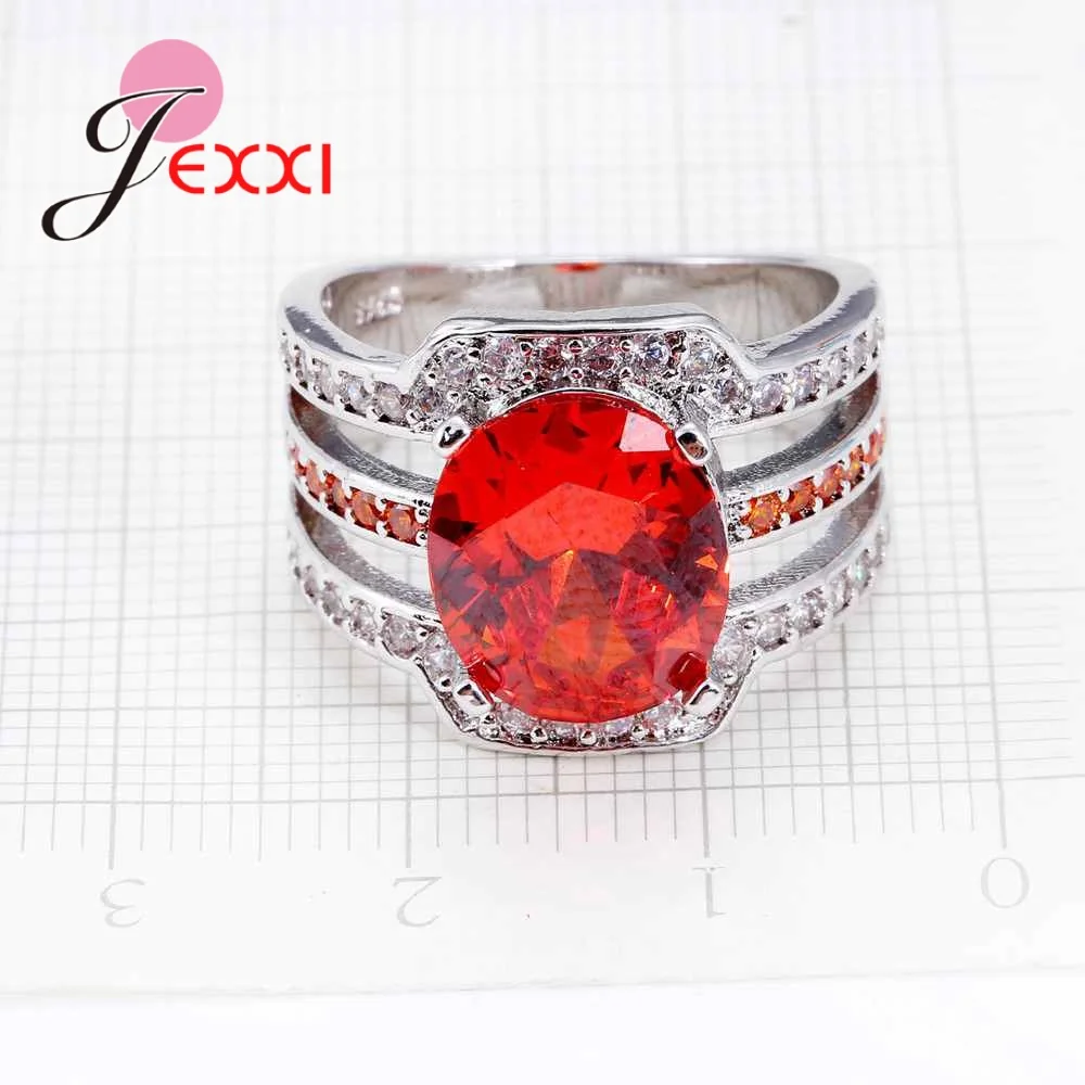 

Brand Design Fashion Sterling Silver Wide Wedding Rings for Woman Accessory Red Austrian Crystal Engagement Bands Ring