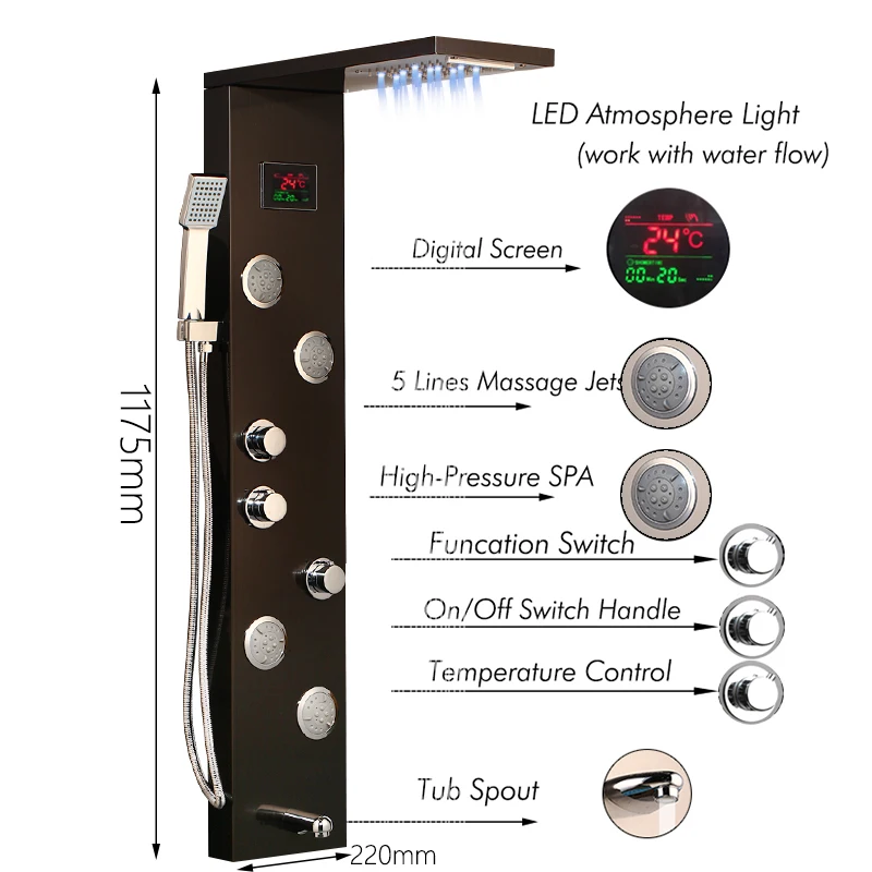 KEMAIDI LED Shower Panel Body Massage System Jets Black Shower Column Faucet Bath Shower Faucet Temperature Digital Display