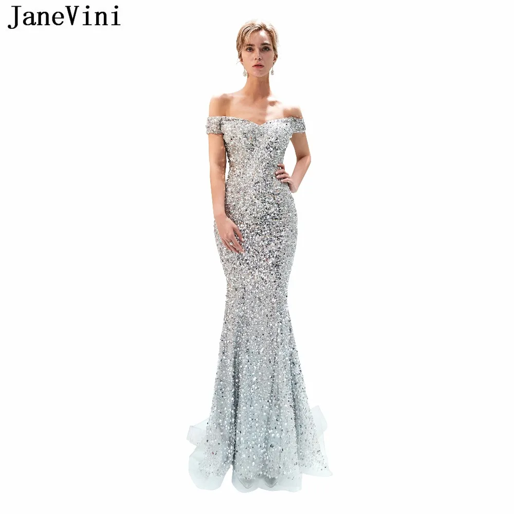 janevini luxo lantejoulas prata longo da dama de honra vestidos off the shoulder