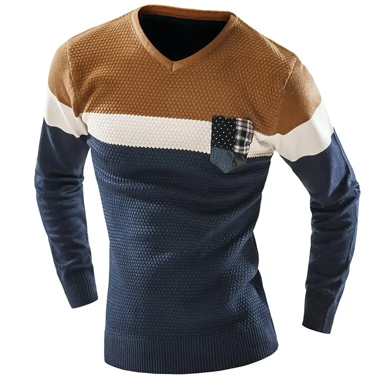 HaiFux мужской мужской модный смешанный цвет свитер мужской досуг тонкий Pull Homme v-образный вырез с длинными рукавами свитер однотонный XXL - Цвет: Navy