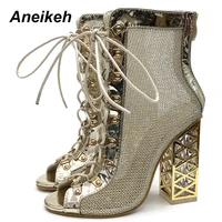 aneikeh size 41 42 43 sexy golden bling gladiator sandals women pumps ladies shoes lace up high heels ankle boots fashion 2022