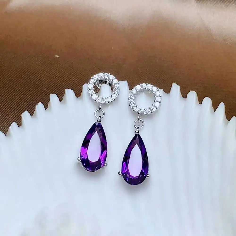 

shilovem 925 sterling silver piezoelectric amethyst Stud Earrings Jewelry women trendy party new gift 6*12mm me06120569agz