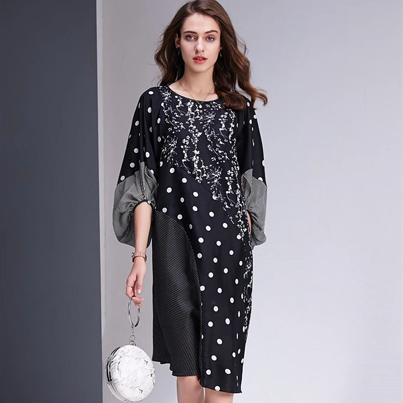 Женское платье из 100% шелка Повседневное с О образным вырезом и рукавами