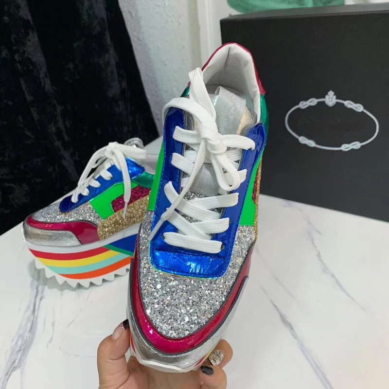 Royal Belle 2019 Hot BlingBling Sequins Platform Sneakers Women Mixed Color Lace Up Thick Bottom Ladies Sports Shoes | Обувь