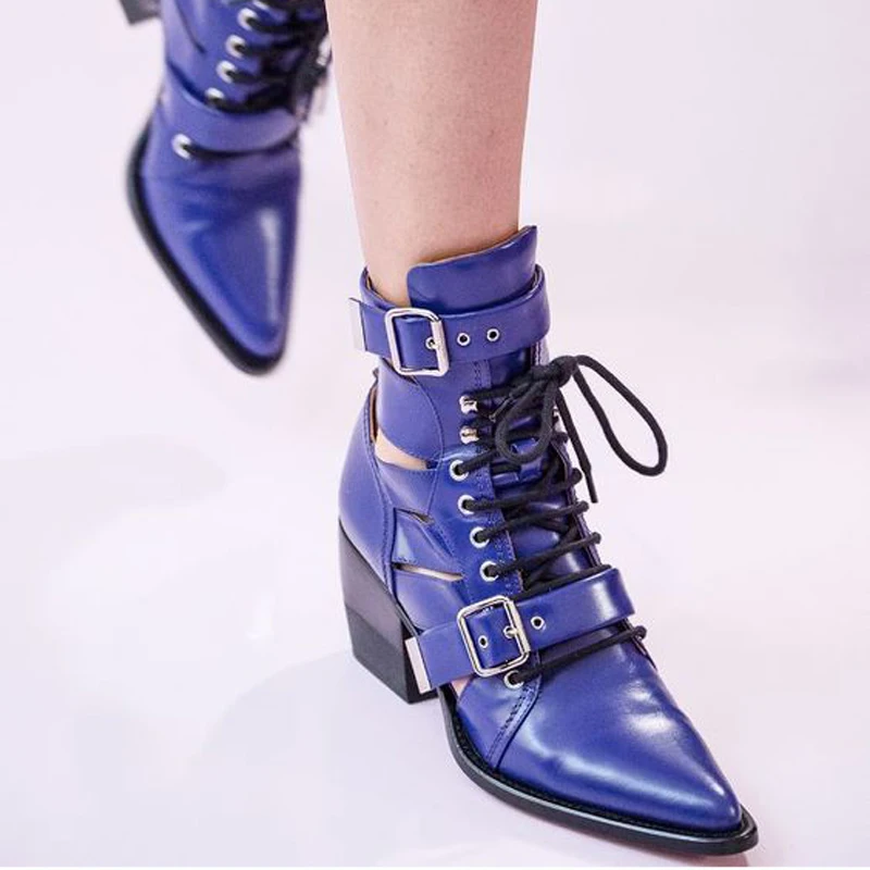 

Spring New Runway Shoes Women Short Leather Bootie Pointed Toe Buckled Strap Lace-Up Botas Mujer Cut-Outs Block Heel Ankle Boots