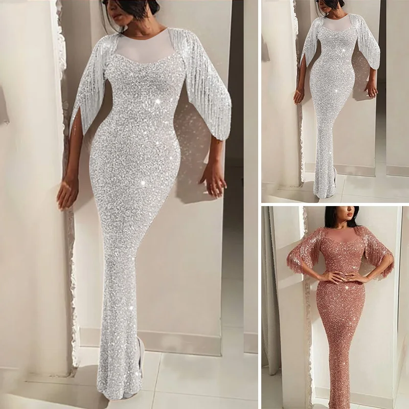 Женское сексуальное платье элегантное с круглым вырезом и бахромой для банкета