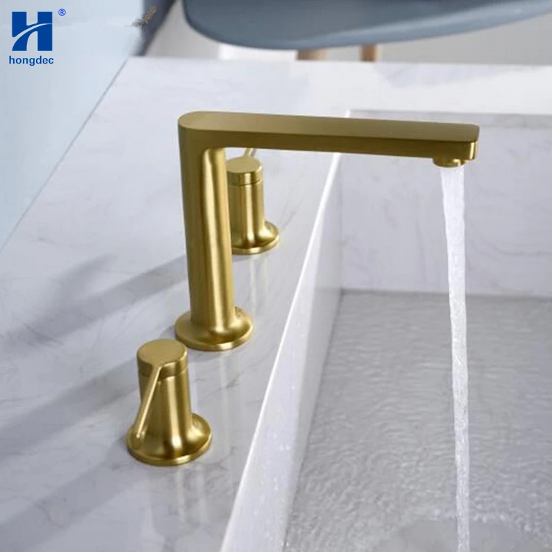 Hongdec Bathroom Bathtub Brass Brushed Gold Three Hole Double Handle basin Sink Faucet