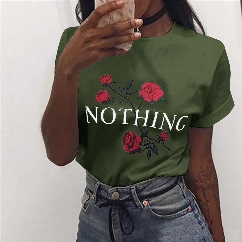 Хлопковая футболка с принтом розы Женская 2019 Новая летняя повседневная коротким
