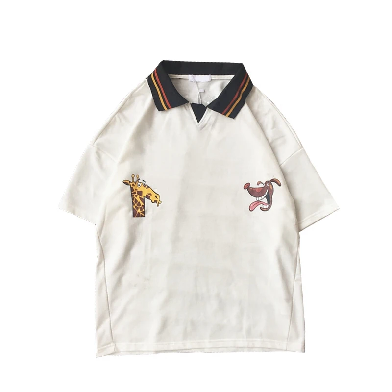 New port wind Japanese retro giraffe cartoon short-sleeved polo shirt Korean loose couple lapel top | Мужская одежда