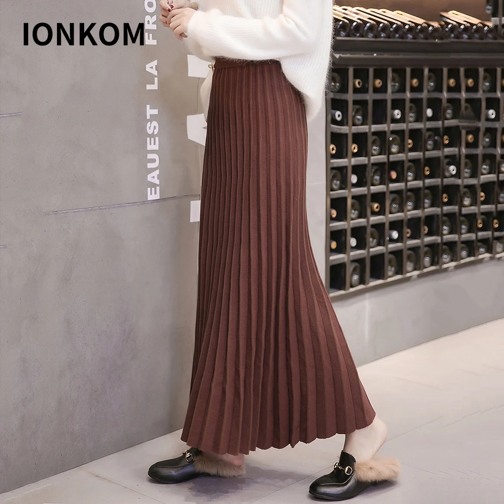 IONKOM элегантная Офисная Женская Длинная трикотажная юбка простая эластичная высокая талия Свинг плиссированные женские осенние зимние повседневные юбки