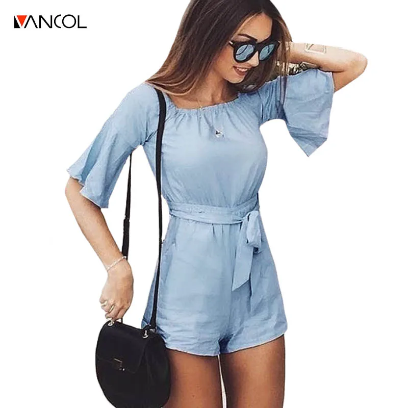 Vancol 2017 summer Women slash Neck bodysuit flare sleeve sashes Jumpsuit solid One-Piece romper beachwear regular Sexy playsuit | Женская