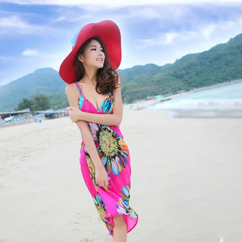Womens Bohemian Spaghetti Strap Sexy V Neck Backless Bikini Cover Up Colored Sunflower Print Wrapped Beach Dress Bathing Suit|Женские