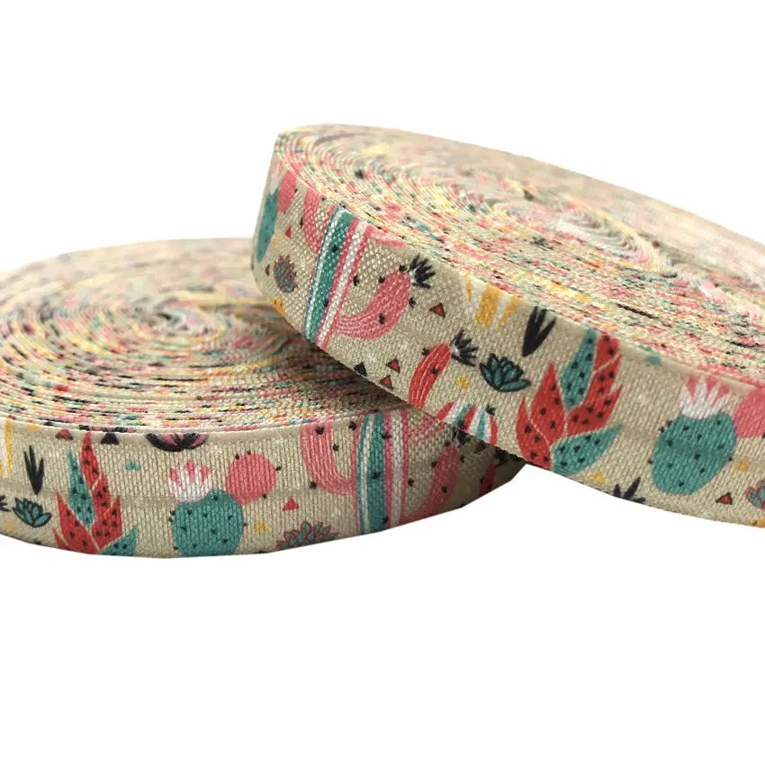 10y 15mm Cactus Lotu Flowers Printed Fold Over Elastic DIY Head Wear FOE Ribbon for Girls Bracelet Sewing Decoration Accessoise | Дом и сад