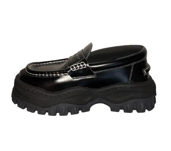 

Spring Hot Girls Cheap High Quality Black Color Punk Style Thick Heel Platform 5 cm Heel Round Toe Slip On Leather Shoes 34-40