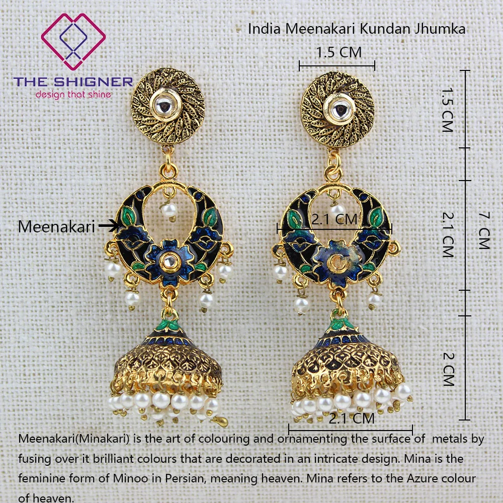 SHIGNER Индийские Традиционные ювелирные изделия chandali Jhumka Jhumki серьги с эмалью Meenakari кундан жемчуг висячие серьги