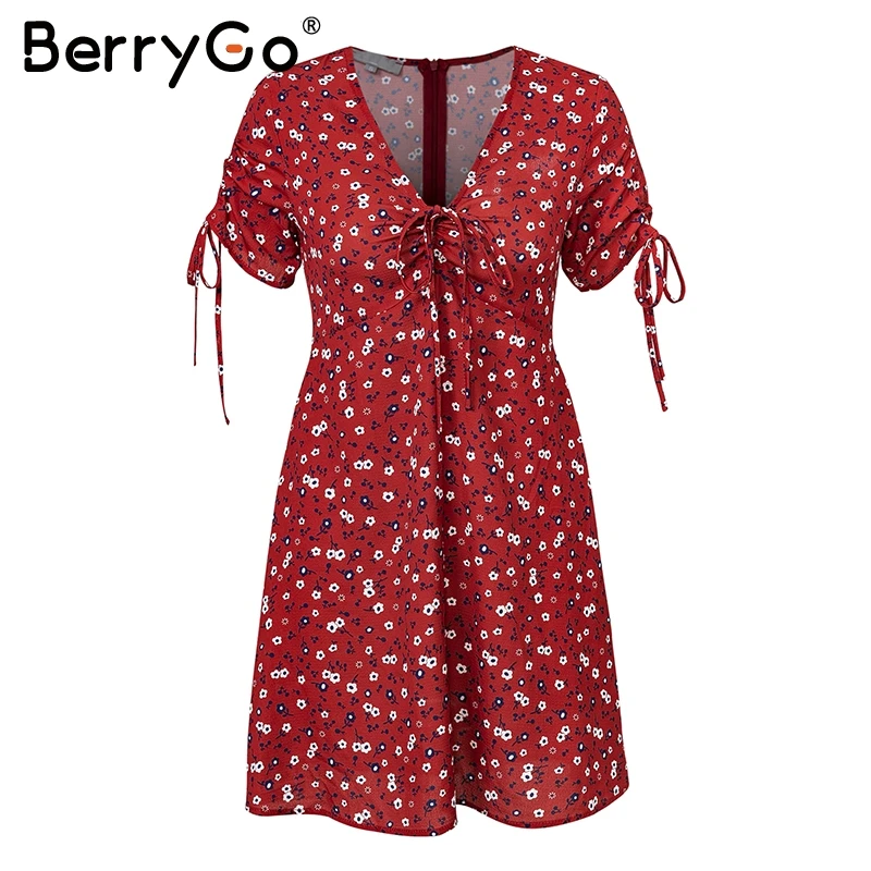 BerryGo Boho цветочным принтом летнее платье Женский 2018 сексуальные v шеи Короткое