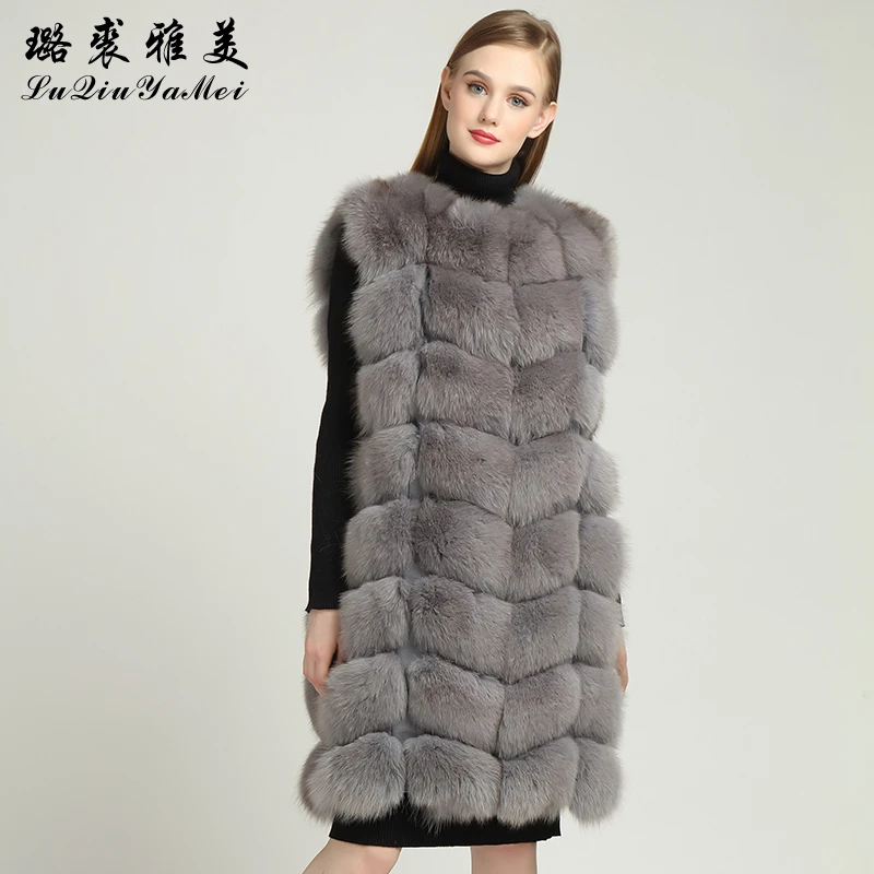2022 Winter Fox Fur Vests Gray Real Fur Coats Sleeveless Russian Luxury Waistcoat Brand Natural Fox Fur Vest New Women 90cm