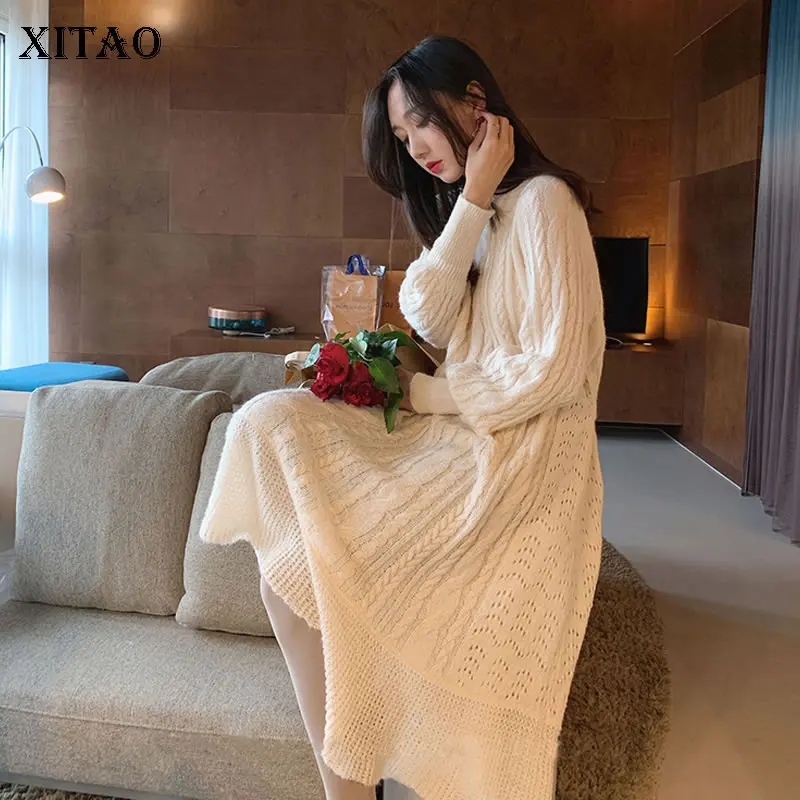 Фото Женский Длинный свитер XITAO вязаный Однотонный с длинным рукавом и круглым Женский Длинный свитер XITAO вязаный Однотонный с длинным рукавом и круглым