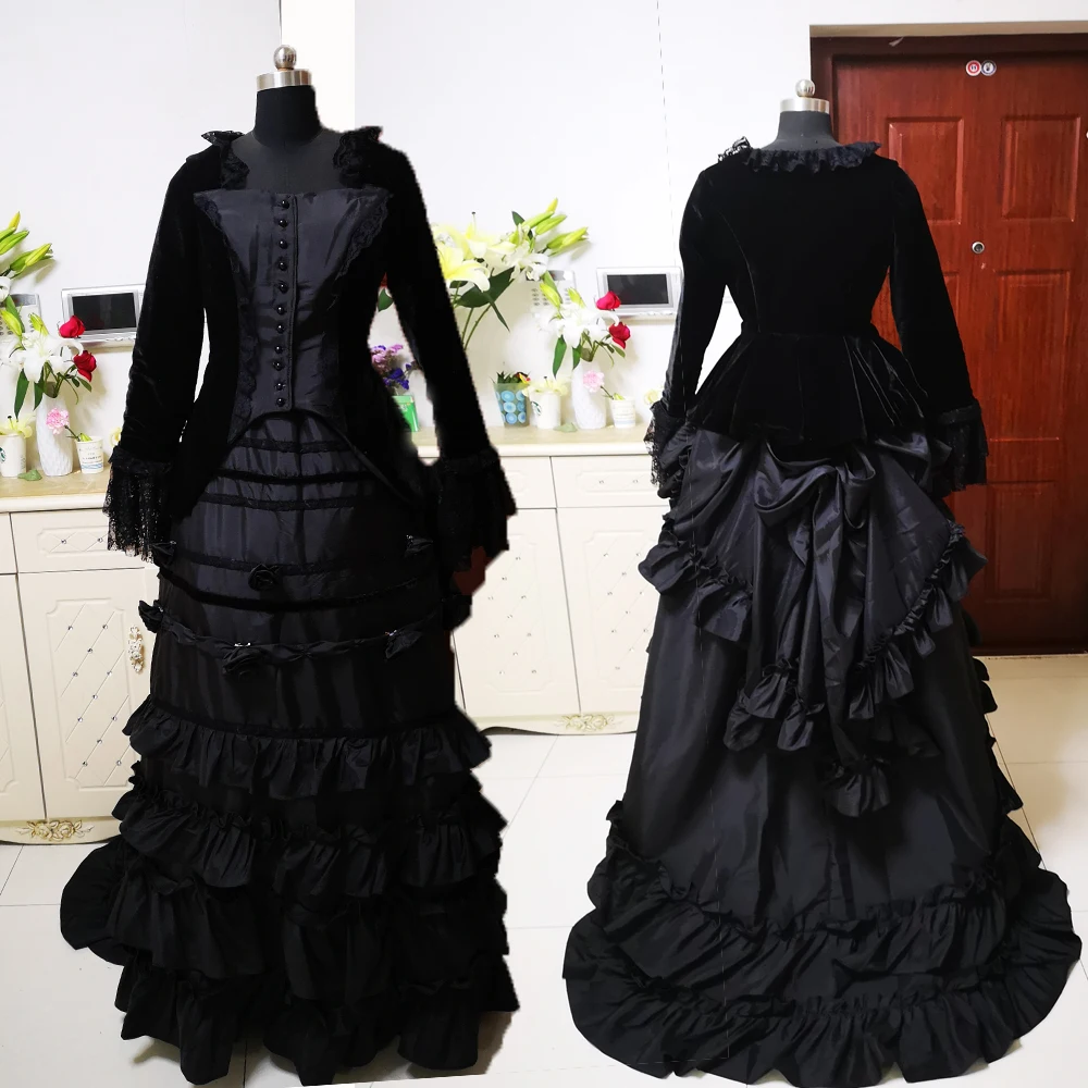 Новые черные винтажные костюмы 18-й дукер Ретро Средневековый Ренессанс
