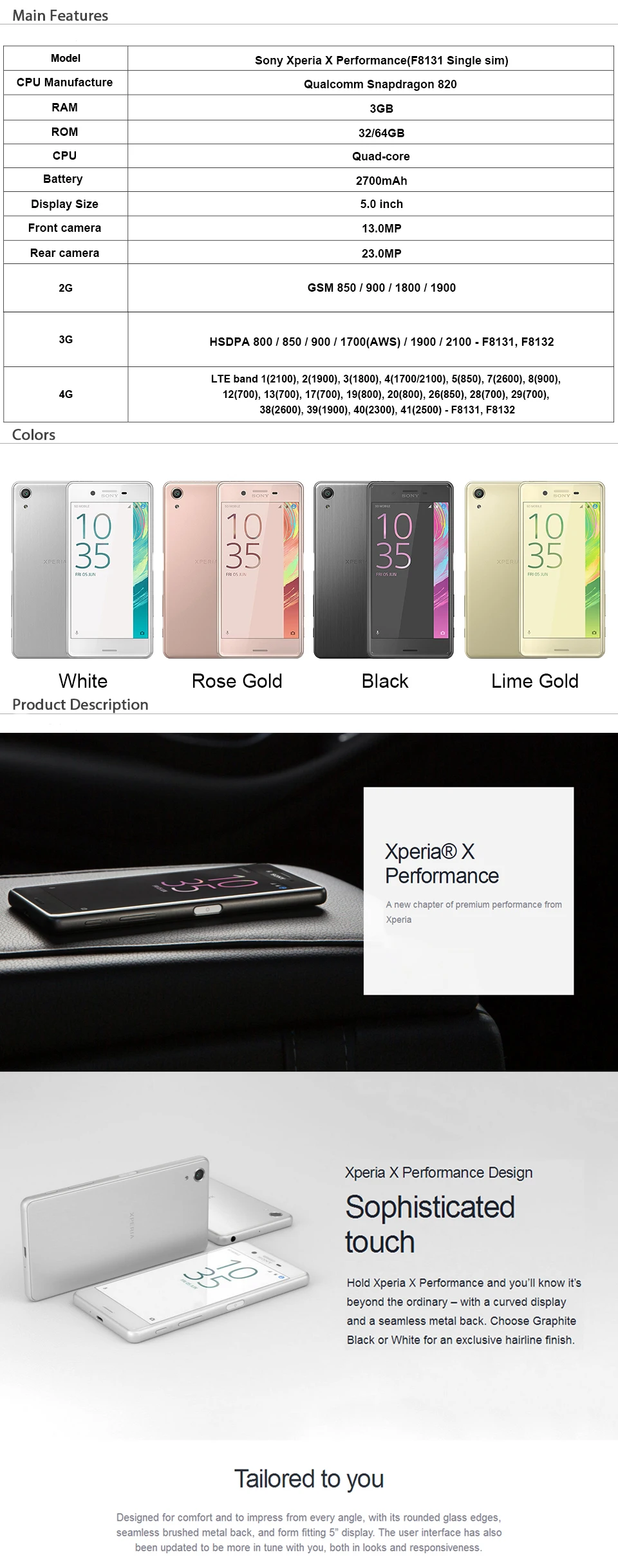 Мобильный телефон sony Xperia X Performance F8131 с одной sim-картой F8132 с двумя sim-картами ОЗУ 3 Гб ПЗУ 32 Гб LTE четырехъядерный 5,0 дюймов 23 Мп wifi gps
