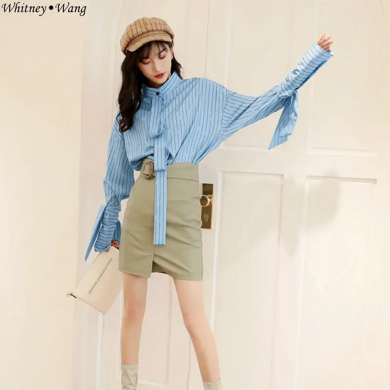 WHITNEY WANG 2019 весенне-осенняя модная уличная полосатая блузка с лентами женские