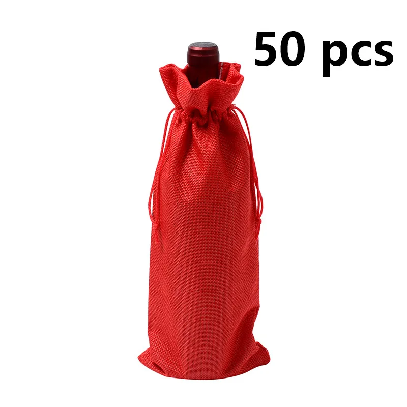 50pcs Multi-color optional Jute Wine Bag Vintage Natural Jute Burlap Drawstring Wine Bags