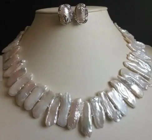 

Perfect Pearl Jewelry Set 17inch Big 25-30mm AAA White Biwa Pearl Necklace Earrings