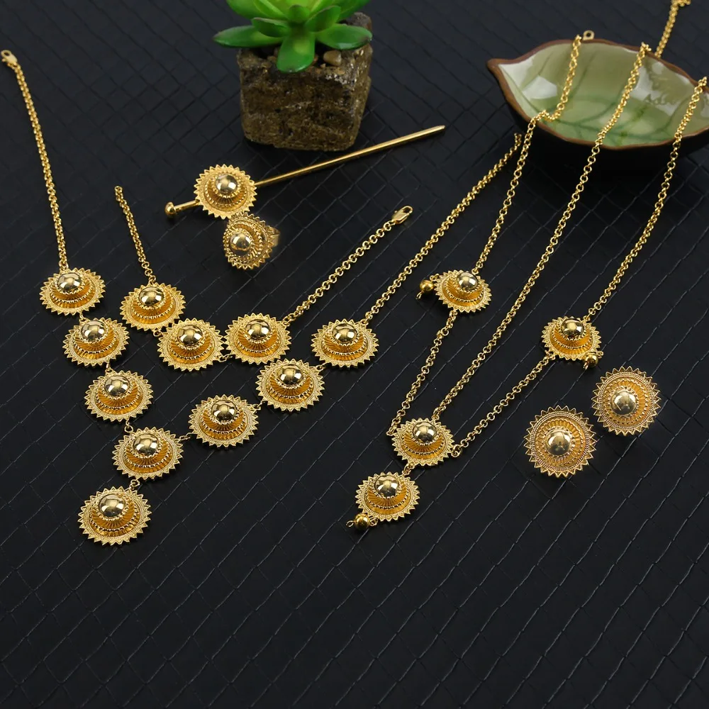 Лучшее качество наборы эфиопских ювелирных украшений для волос золотого цвета 22