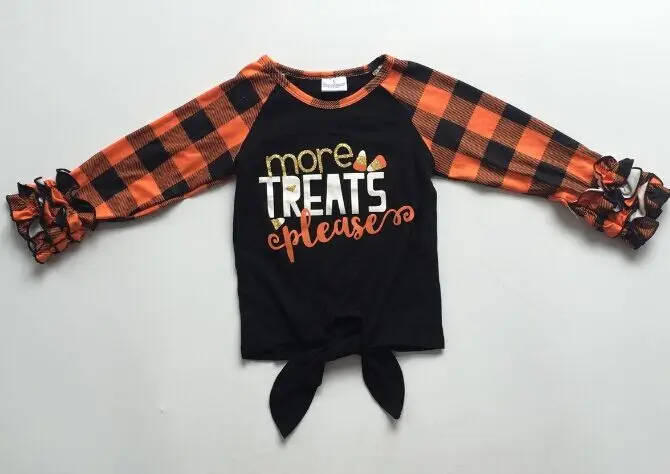 black plaid Осенний топ на День Благодарения, резинки для девочек, Изысканная футболка, детская одежда, хлопковый реглан с рюшами и изображением тыквы, подсолнуха, леопарда - Цвет: black plaid