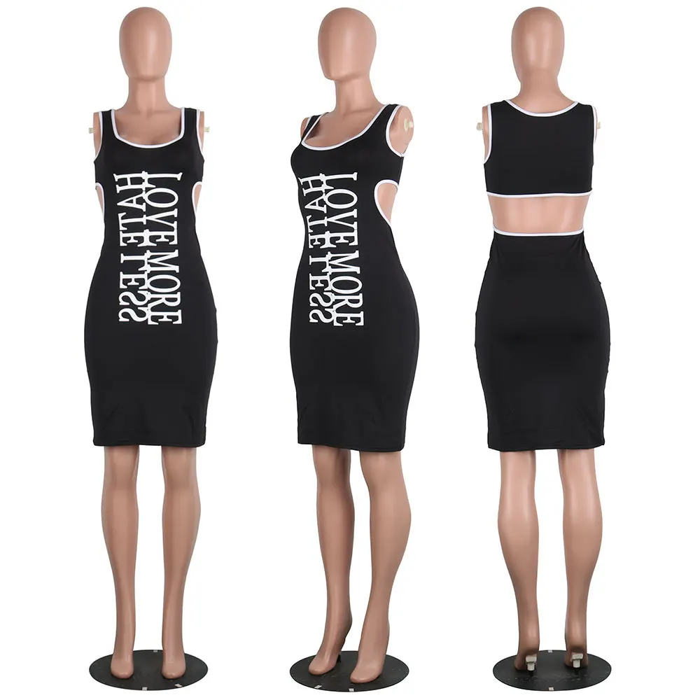 Бандажное платье без рукавов с круглым вырезом и надписью|Женские платья| |