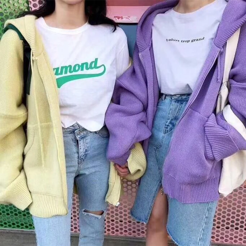 New Korean Zipper Cardigan Women Hooded Autumn Knitted Jacket 2020 Casual Loose Long Sleeve Sweater Coat Casaco Feminino |