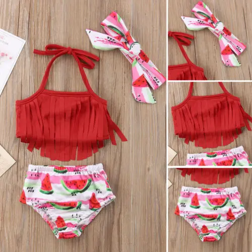 Летняя одежда для новорожденных маленьких девочек с бахромой и рисунком арбуз