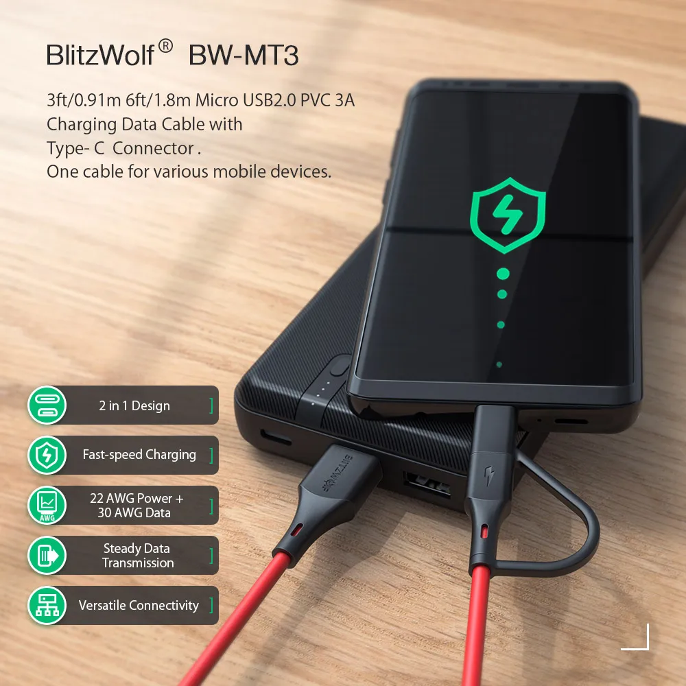 BlitzWolf BW-MT3 type C Micro USB 5 в 3 А 2 в 1 кабель передачи данных для быстрой зарядки для samsung Galaxy S10 9 для huawei mate 20 Pro 3 фута 6 футов