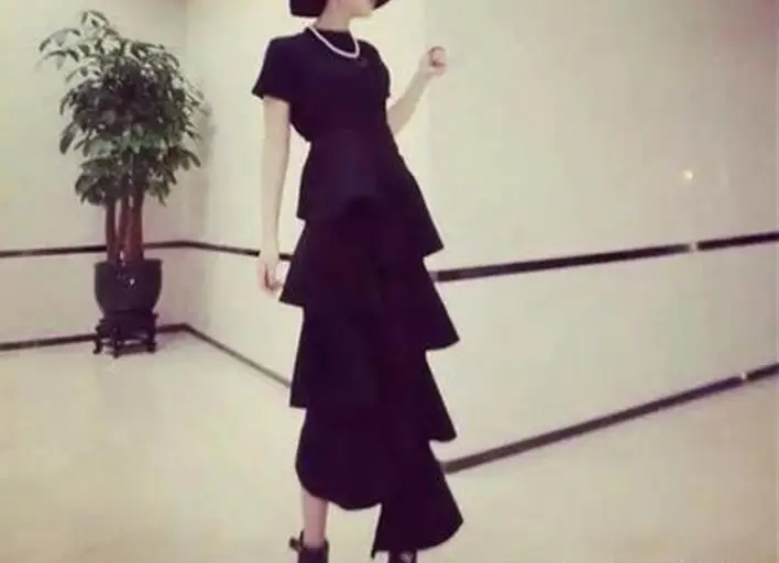 Женская Асимметричная длинная юбка черная хлопковая с оборками 2017|fashion long skirt|long