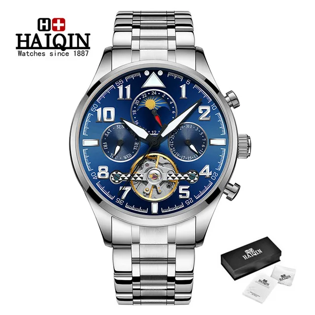 S-silver blue HAIQIN, мужские часы, автоматические механические, деловые часы, мужские, лучший бренд, Роскошные, военные, водонепроницаемые, турбийон, часы, Reloj Hombre - Цвет: S-silver blue