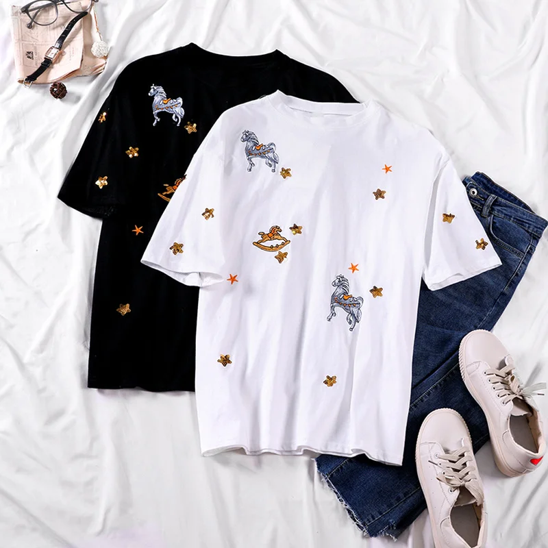 Женская футболка с вышивкой Повседневная Свободная коротким рукавом и круглым