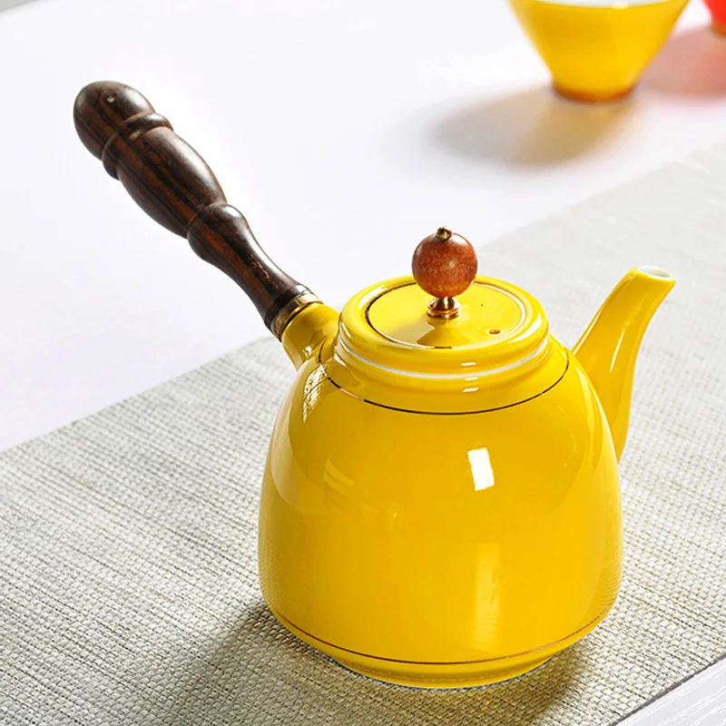 Chinese ceramic teapot side making apparatus Kungfu filter Japanese single wood handle tea pot colorful kettle | Дом и сад