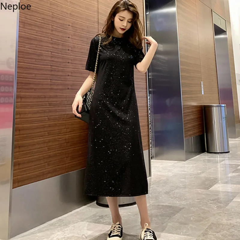 Neploe блестками женское платье Лето 2019! Модное с О образным вырезом короткий рукав